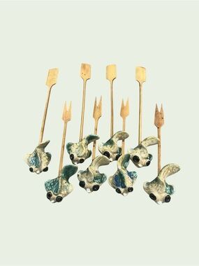 Hand Crafted Hors d’oeuvre Cocktail Forks Stirrers Charcuterie Ceramic Fish Wood